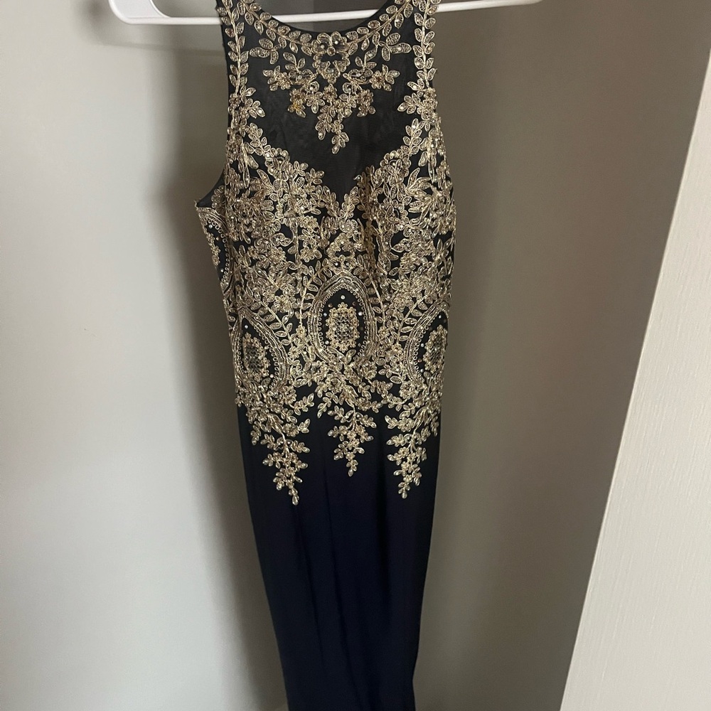Elegant Navy and Gold Embroidered Dress
